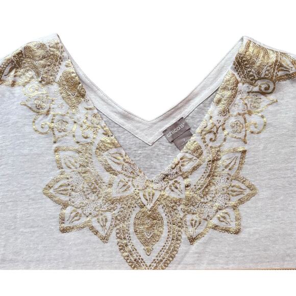 Chico's White Gold Foil Double V Neck Linen Tee Large/2 Beachy Mandala Design - Picture 5 of 13